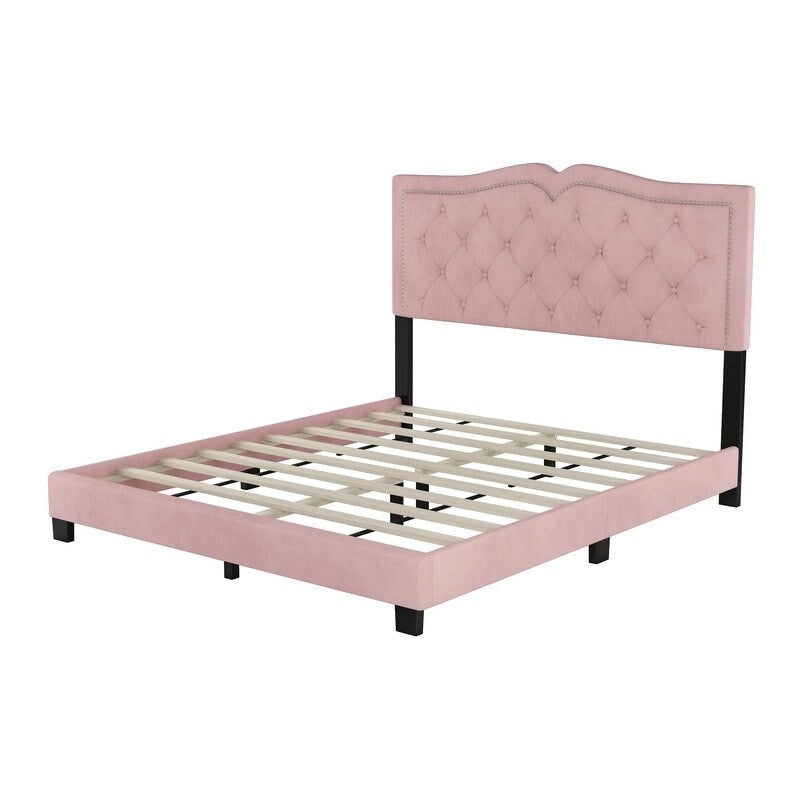 Queen Size Upholstered Bed Frame with Rivet Design, Modern Velvet Platform Bed with Tufted Headboard