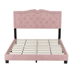 Queen Size Upholstered Bed Frame with Rivet Design, Modern Velvet Platform Bed with Tufted Headboard