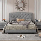 Queen Size Upholstered Bed Frame with Rivet Design, Modern Velvet Platform Bed with Tufted Headboard