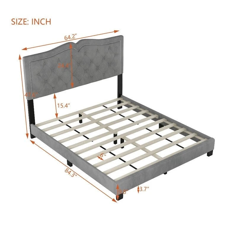 Queen Size Upholstered Bed Frame with Rivet Design, Modern Velvet Platform Bed with Tufted Headboard