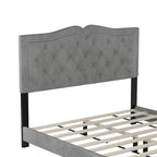 Queen Size Upholstered Bed Frame with Rivet Design, Modern Velvet Platform Bed with Tufted Headboard