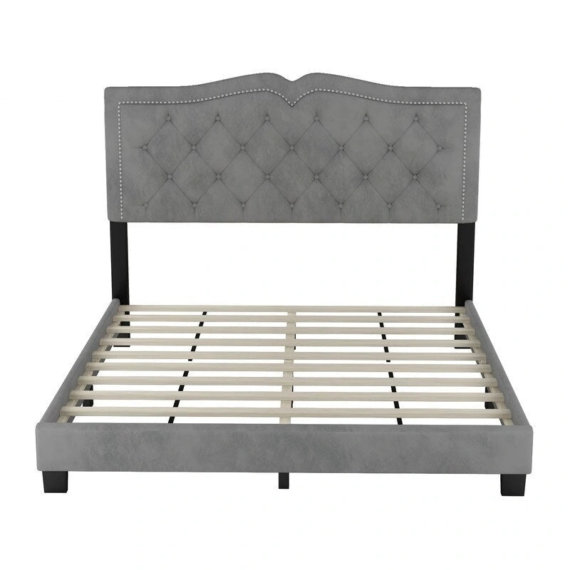 Queen Size Upholstered Bed Frame with Rivet Design, Modern Velvet Platform Bed with Tufted Headboard