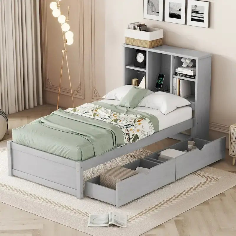 Modern Twin Size Bed Frame With Built-in USB Port on Bookcase Headboard and 2 Drawers for bedRoom, Living Room