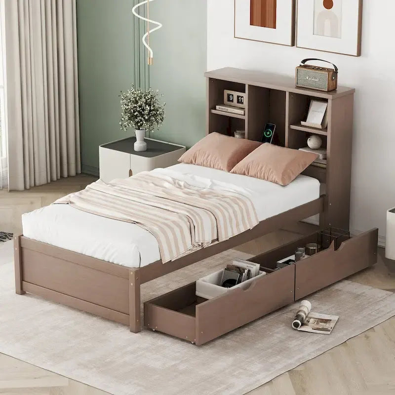 Modern Twin Size Bed Frame With Built-in USB Port on Bookcase Headboard and 2 Drawers for bedRoom, Living Room