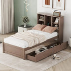 Modern Twin Size Bed Frame With Built-in USB Port on Bookcase Headboard and 2 Drawers for bedRoom, Living Room