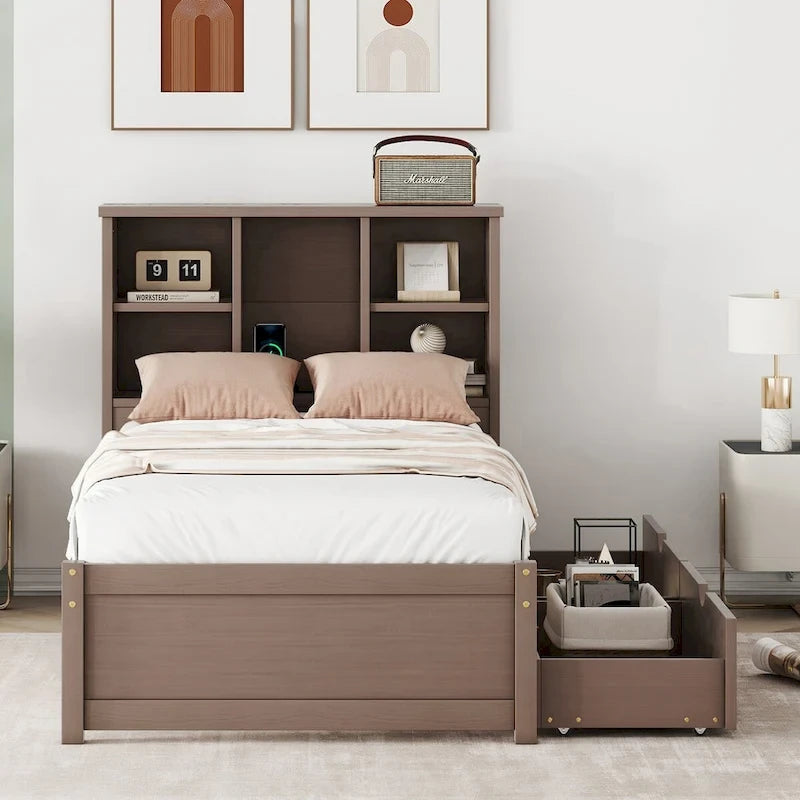Modern Twin Size Bed Frame With Built-in USB Port on Bookcase Headboard and 2 Drawers for bedRoom, Living Room