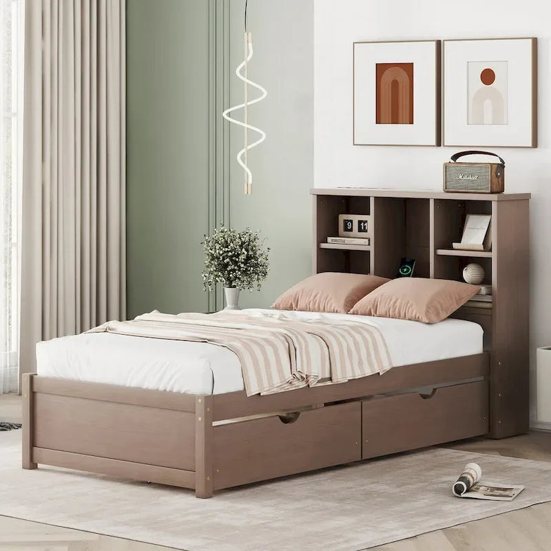 Modern Twin Size Bed Frame With Built-in USB Port on Bookcase Headboard and 2 Drawers for bedRoom, Living Room