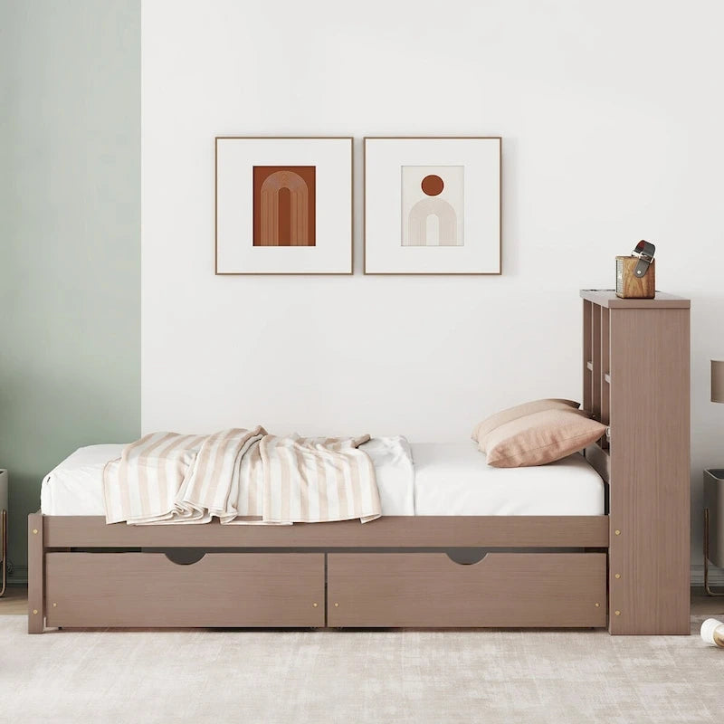 Modern Twin Size Bed Frame With Built-in USB Port on Bookcase Headboard and 2 Drawers for bedRoom, Living Room