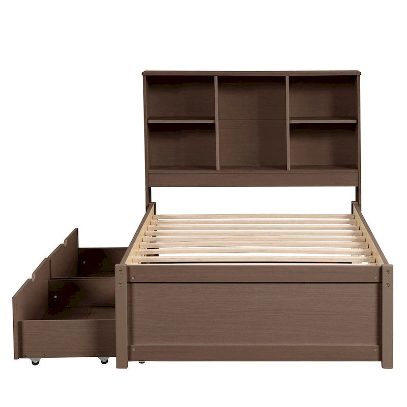 Modern Twin Size Bed Frame With Built-in USB Port on Bookcase Headboard and 2 Drawers for bedRoom, Living Room