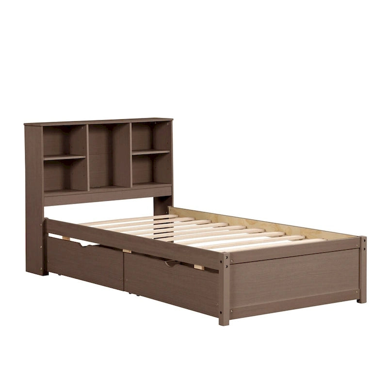 Modern Twin Size Bed Frame With Built-in USB Port on Bookcase Headboard and 2 Drawers for bedRoom, Living Room