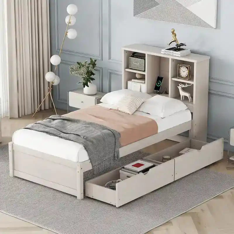Modern Twin Size Bed Frame With Built-in USB Port on Bookcase Headboard and 2 Drawers for bedRoom, Living Room