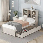 Modern Twin Size Bed Frame With Built-in USB Port on Bookcase Headboard and 2 Drawers for bedRoom, Living Room