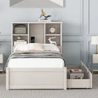 Modern Twin Size Bed Frame With Built-in USB Port on Bookcase Headboard and 2 Drawers for bedRoom, Living Room