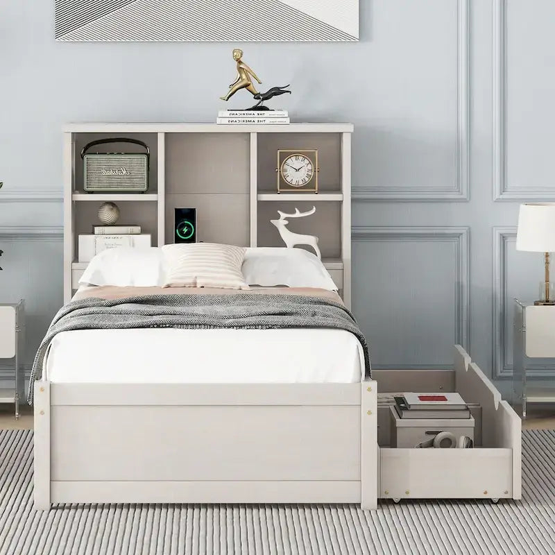 Modern Twin Size Bed Frame With Built-in USB Port on Bookcase Headboard and 2 Drawers for bedRoom, Living Room