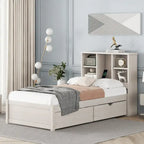 Modern Twin Size Bed Frame With Built-in USB Port on Bookcase Headboard and 2 Drawers for bedRoom, Living Room