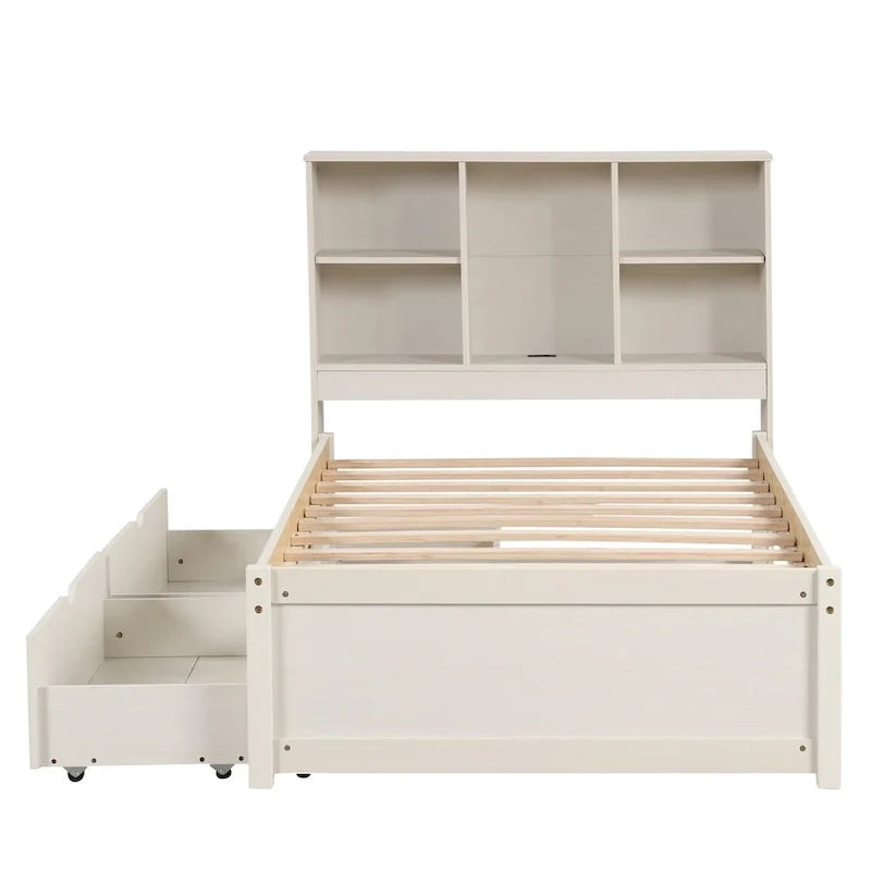 Modern Twin Size Bed Frame With Built-in USB Port on Bookcase Headboard and 2 Drawers for bedRoom, Living Room