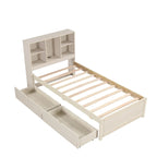 Modern Twin Size Bed Frame With Built-in USB Port on Bookcase Headboard and 2 Drawers for bedRoom, Living Room