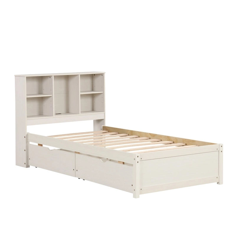 Modern Twin Size Bed Frame With Built-in USB Port on Bookcase Headboard and 2 Drawers for bedRoom, Living Room