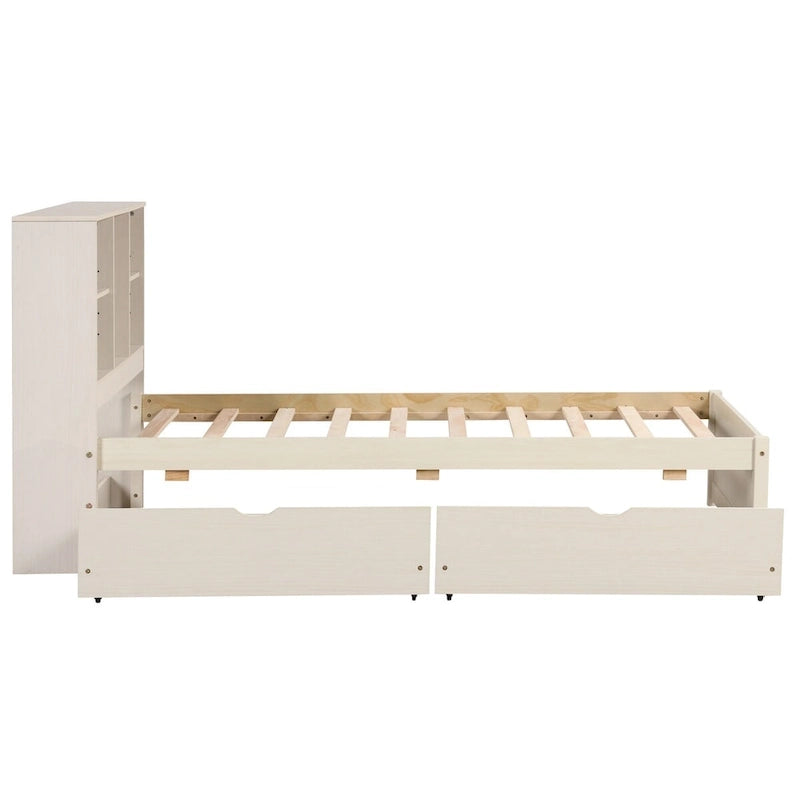 Modern Twin Size Bed Frame With Built-in USB Port on Bookcase Headboard and 2 Drawers for bedRoom, Living Room