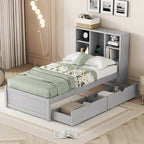 Modern Twin Size Bed Frame With Built-in USB Port on Bookcase Headboard and 2 Drawers for bedRoom, Living Room