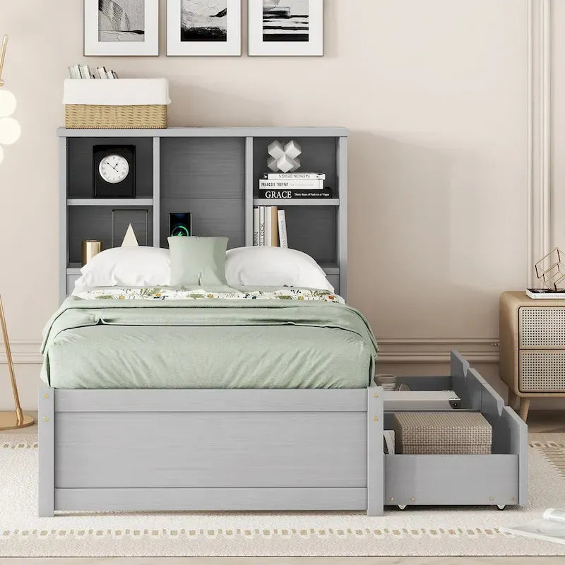 Modern Twin Size Bed Frame With Built-in USB Port on Bookcase Headboard and 2 Drawers for bedRoom, Living Room