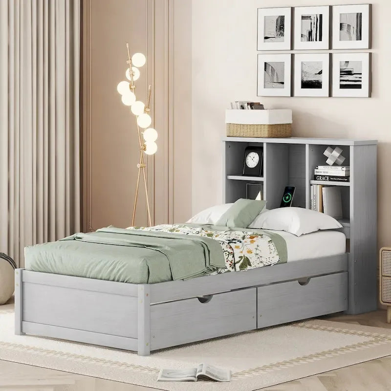 Modern Twin Size Bed Frame With Built-in USB Port on Bookcase Headboard and 2 Drawers for bedRoom, Living Room