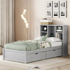 Modern Twin Size Bed Frame With Built-in USB Port on Bookcase Headboard and 2 Drawers for bedRoom, Living Room