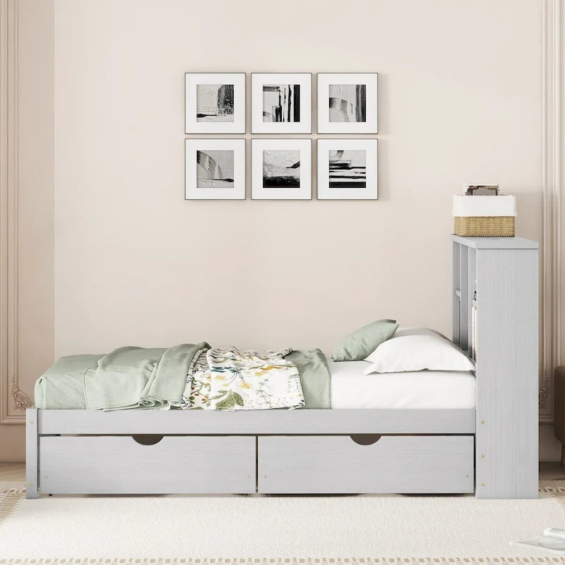 Modern Twin Size Bed Frame With Built-in USB Port on Bookcase Headboard and 2 Drawers for bedRoom, Living Room