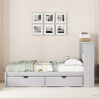 Modern Twin Size Bed Frame With Built-in USB Port on Bookcase Headboard and 2 Drawers for bedRoom, Living Room
