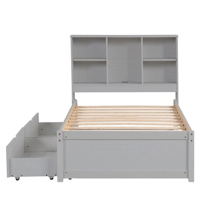 Modern Twin Size Bed Frame With Built-in USB Port on Bookcase Headboard and 2 Drawers for bedRoom, Living Room