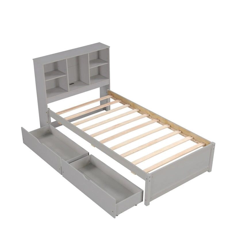 Modern Twin Size Bed Frame With Built-in USB Port on Bookcase Headboard and 2 Drawers for bedRoom, Living Room