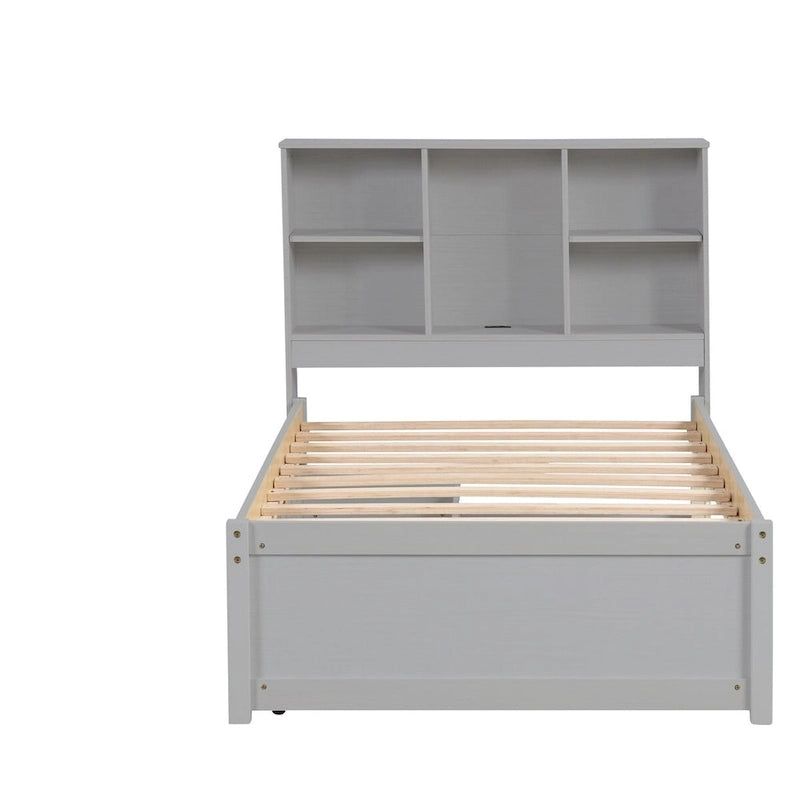Modern Twin Size Bed Frame With Built-in USB Port on Bookcase Headboard and 2 Drawers for bedRoom, Living Room