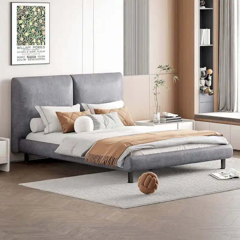 Queen Size Polyester Platform Bed with Two Large Headrests