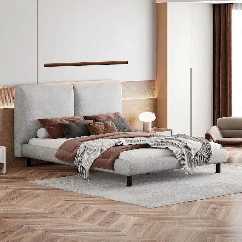 Queen Size Polyester Platform Bed with Two Large Headrests