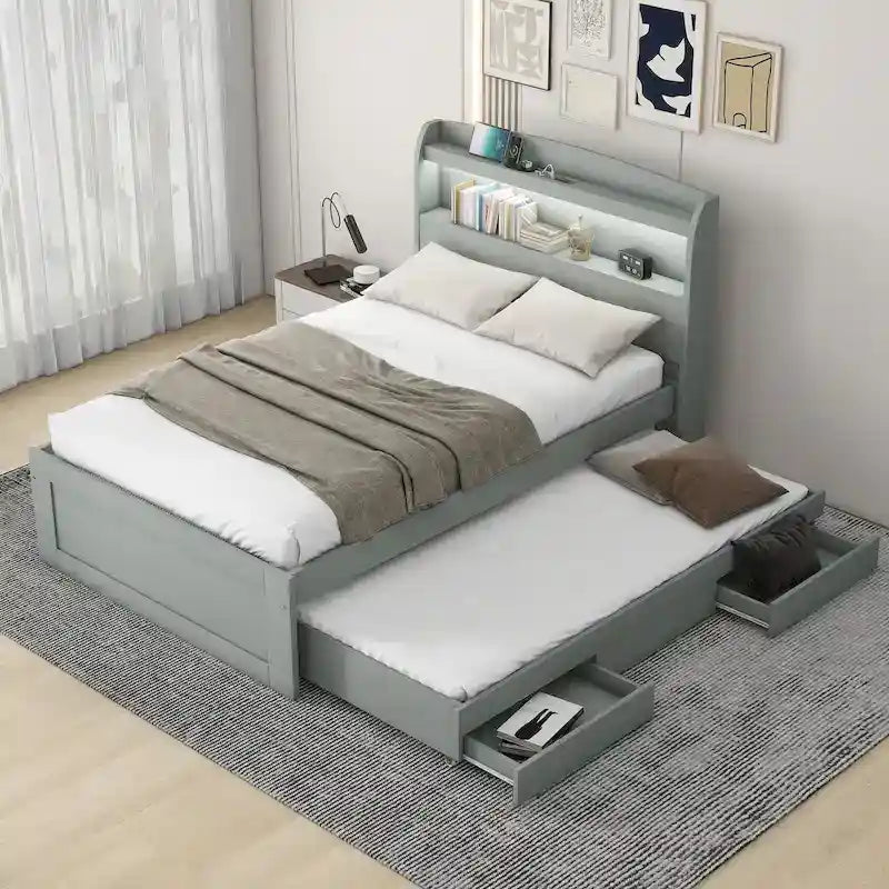 Twin XL Size Platform Bed with Storage LED Headboard, Charging Station, Twin Size Trundle and 2 Drawers