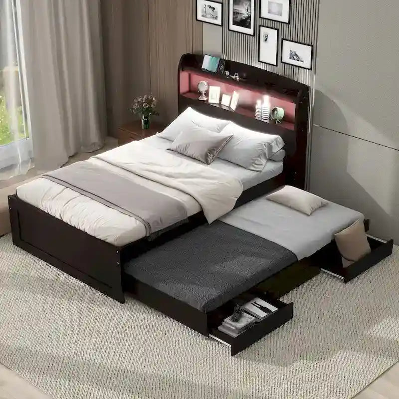 Twin XL Size Platform Bed with Storage LED Headboard, Charging Station, Twin Size Trundle and 2 Drawers