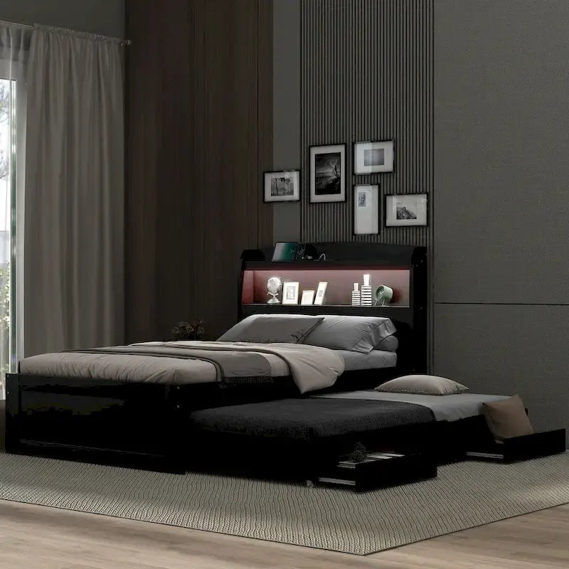 Twin XL Size Platform Bed with Storage LED Headboard, Charging Station, Twin Size Trundle and 2 Drawers
