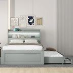 Twin XL Size Platform Bed with Storage LED Headboard, Charging Station, Twin Size Trundle and 2 Drawers