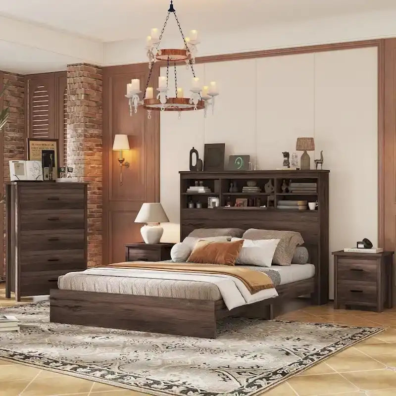 4-Pieces Bedroom Sets Queen Size Vintage Wooden Bed Frame with 2 Nightstands and 1 Dresser