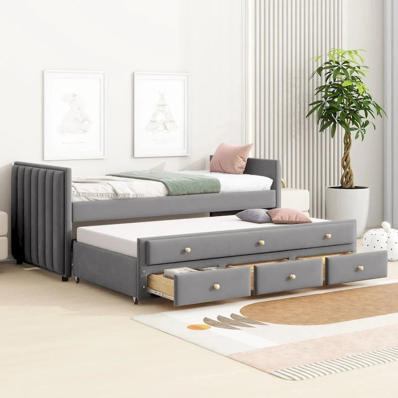 Upholstered Daybed with Twin Size Trundle and Drawers