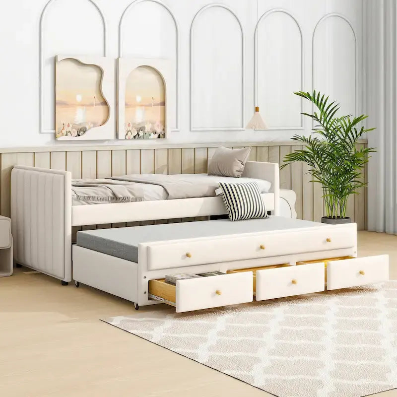 Upholstered Daybed with Twin Size Trundle and Drawers