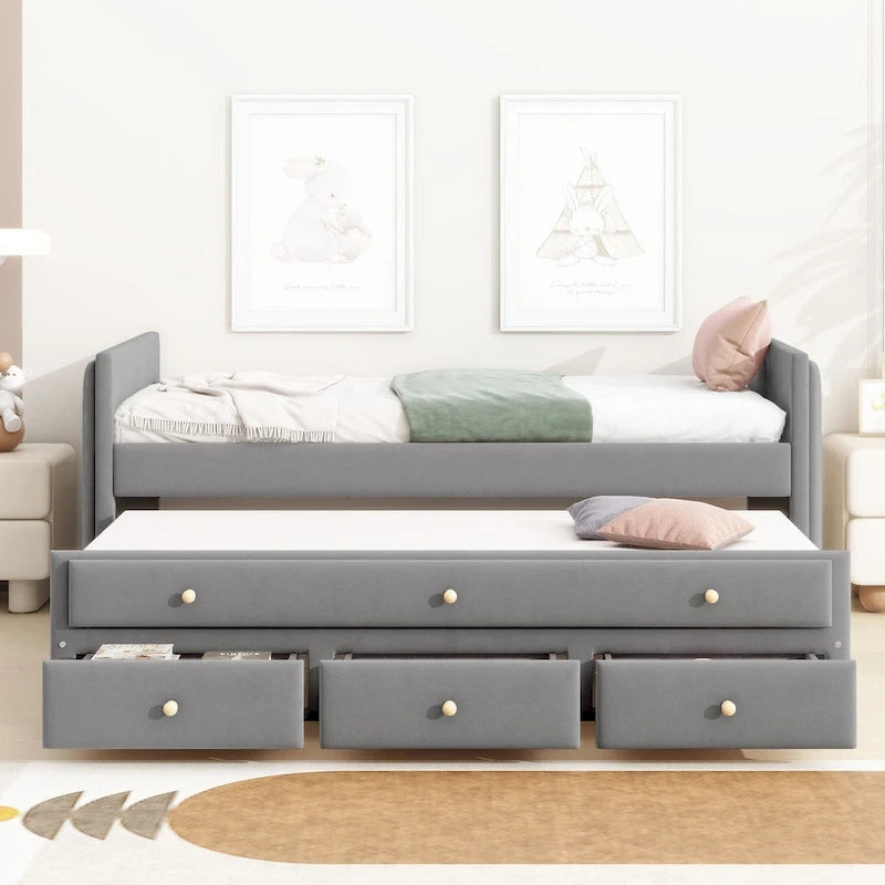 Upholstered Daybed with Twin Size Trundle and Drawers