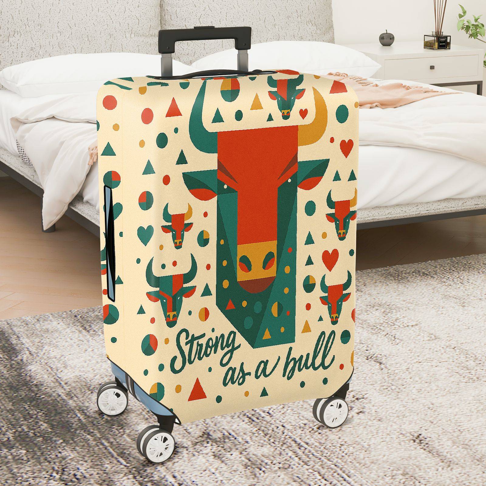 1-Piece Geometric Bull Pattern Red Green Bold Art Animal  Suitcase Luggage Cover, Stretch Protective Sleeve