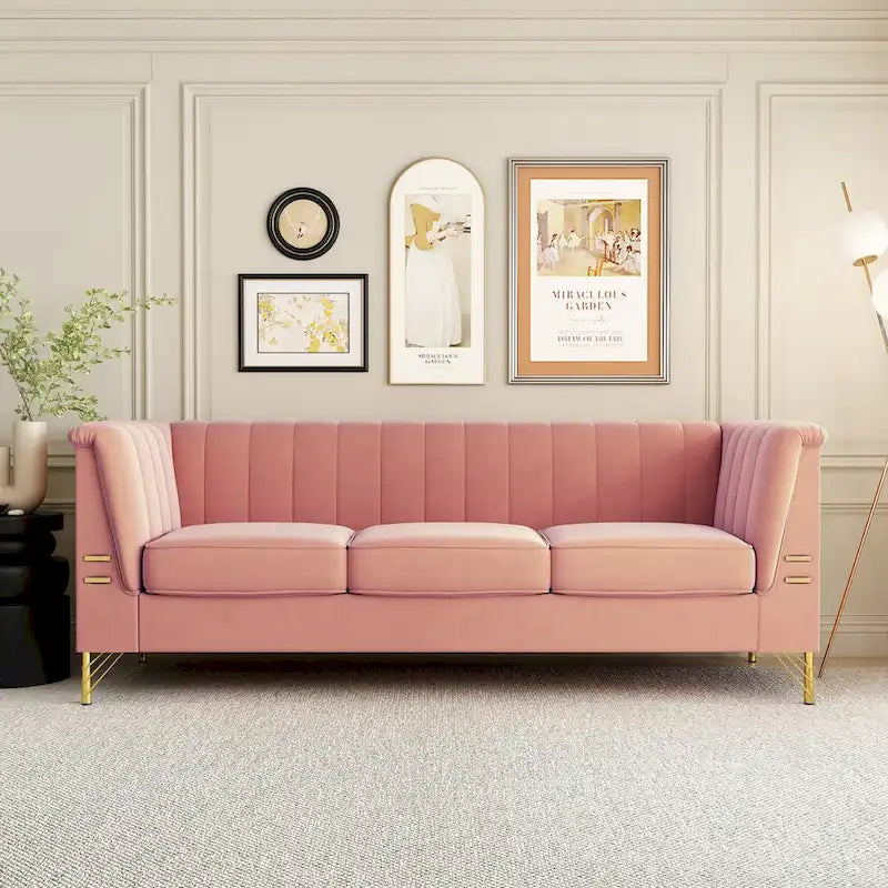 Modern Designs Velvet Upholstered Living Room Sofa, 3 Seat Sofa Couch With Golden Metal Legs with Pink Sofa - 83.46*30.51*31.9