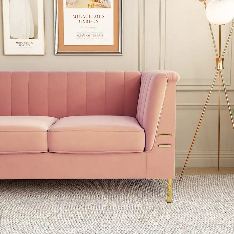 Modern Designs Velvet Upholstered Living Room Sofa, 3 Seat Sofa Couch With Golden Metal Legs with Pink Sofa - 83.46*30.51*31.9