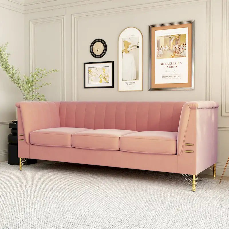 Modern Designs Velvet Upholstered Living Room Sofa, 3 Seat Sofa Couch With Golden Metal Legs with Pink Sofa - 83.46*30.51*31.9