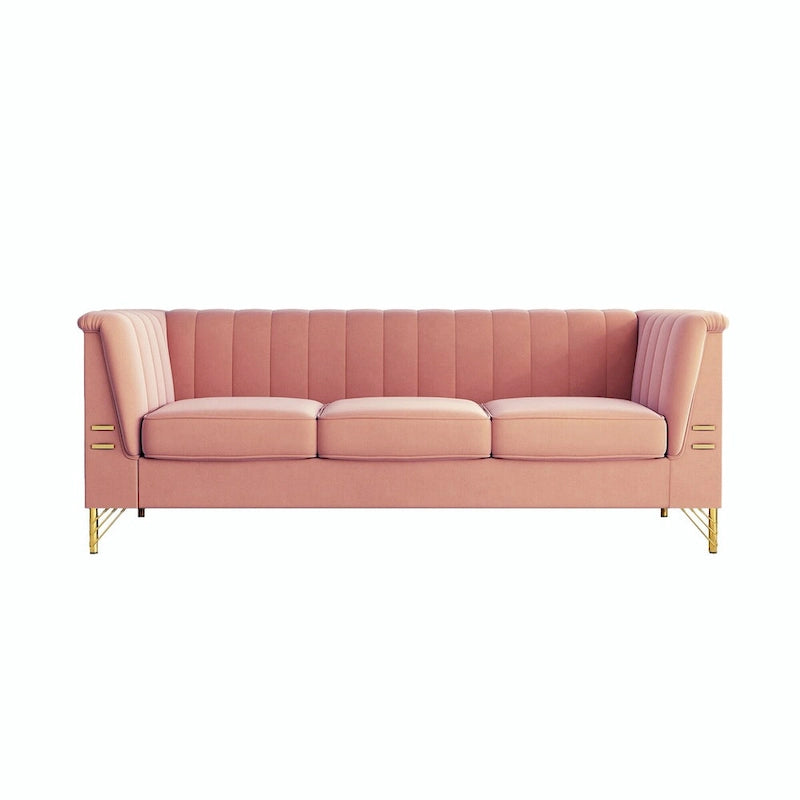 Modern Designs Velvet Upholstered Living Room Sofa, 3 Seat Sofa Couch With Golden Metal Legs with Pink Sofa - 83.46*30.51*31.9