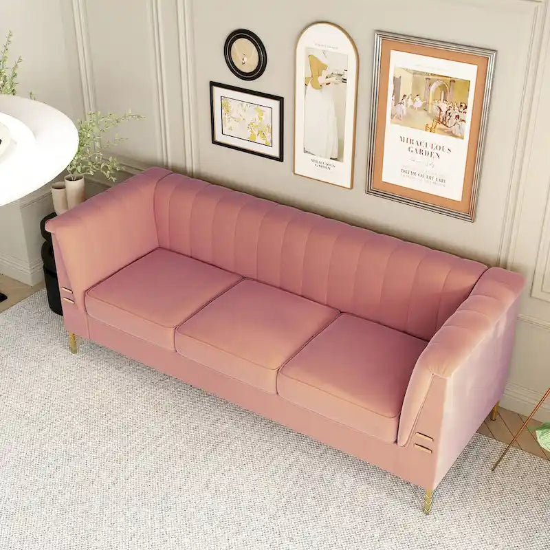 Modern Designs Velvet Upholstered Living Room Sofa, 3 Seat Sofa Couch With Golden Metal Legs with Pink Sofa - 83.46*30.51*31.9