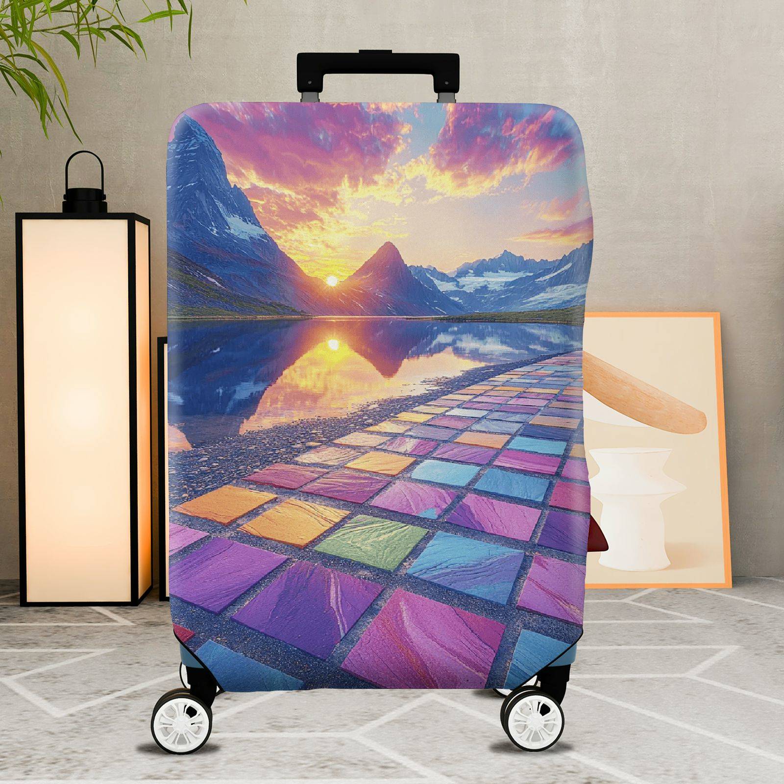 1-Piece Sunset Mountain Reflection Colorful Geometric Scenic  Suitcase Luggage Cover, Stretch Protective Sleeve