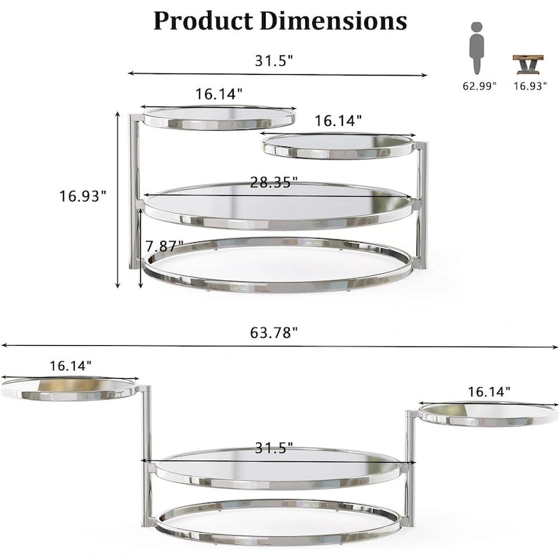 3 Tiers Round and Glass Coffee Table with 360 Degrees Rotating Top